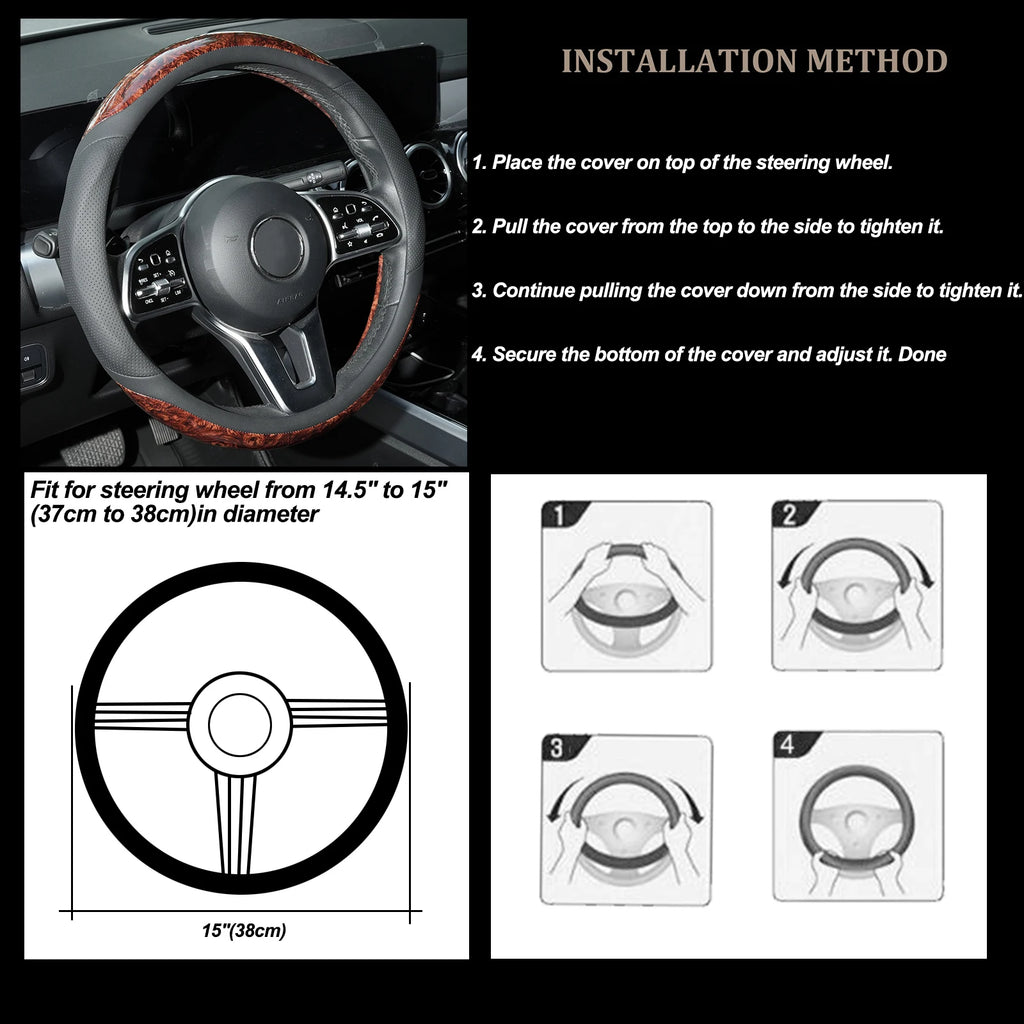 15'' Wood Grain Steering Wheel Cover Leather Breathable Non-slip Car Accessories
