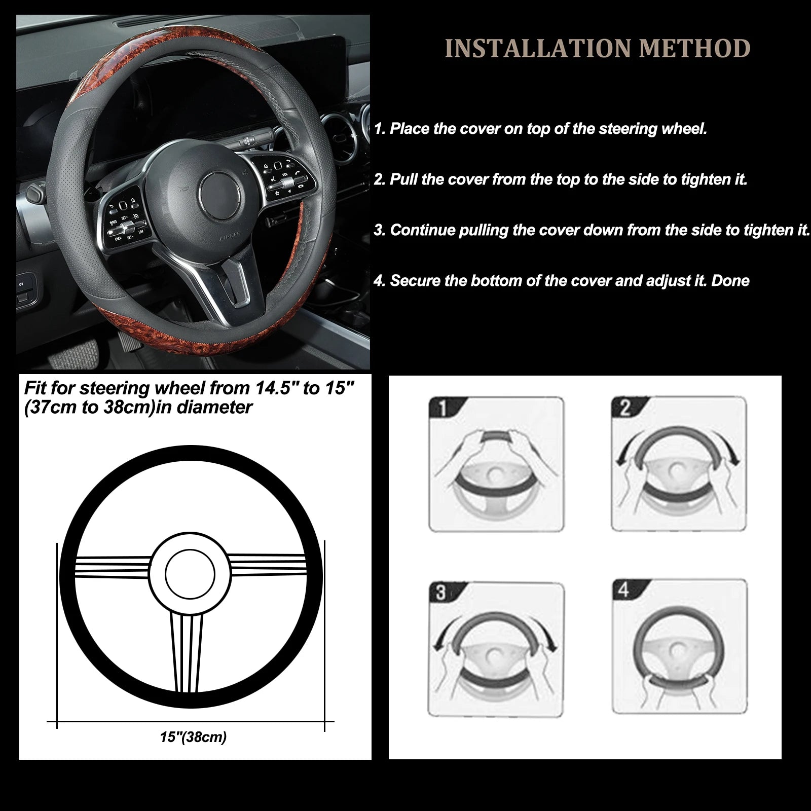15'' Wood Grain Steering Wheel Cover Leather Breathable Non-slip Car Accessories