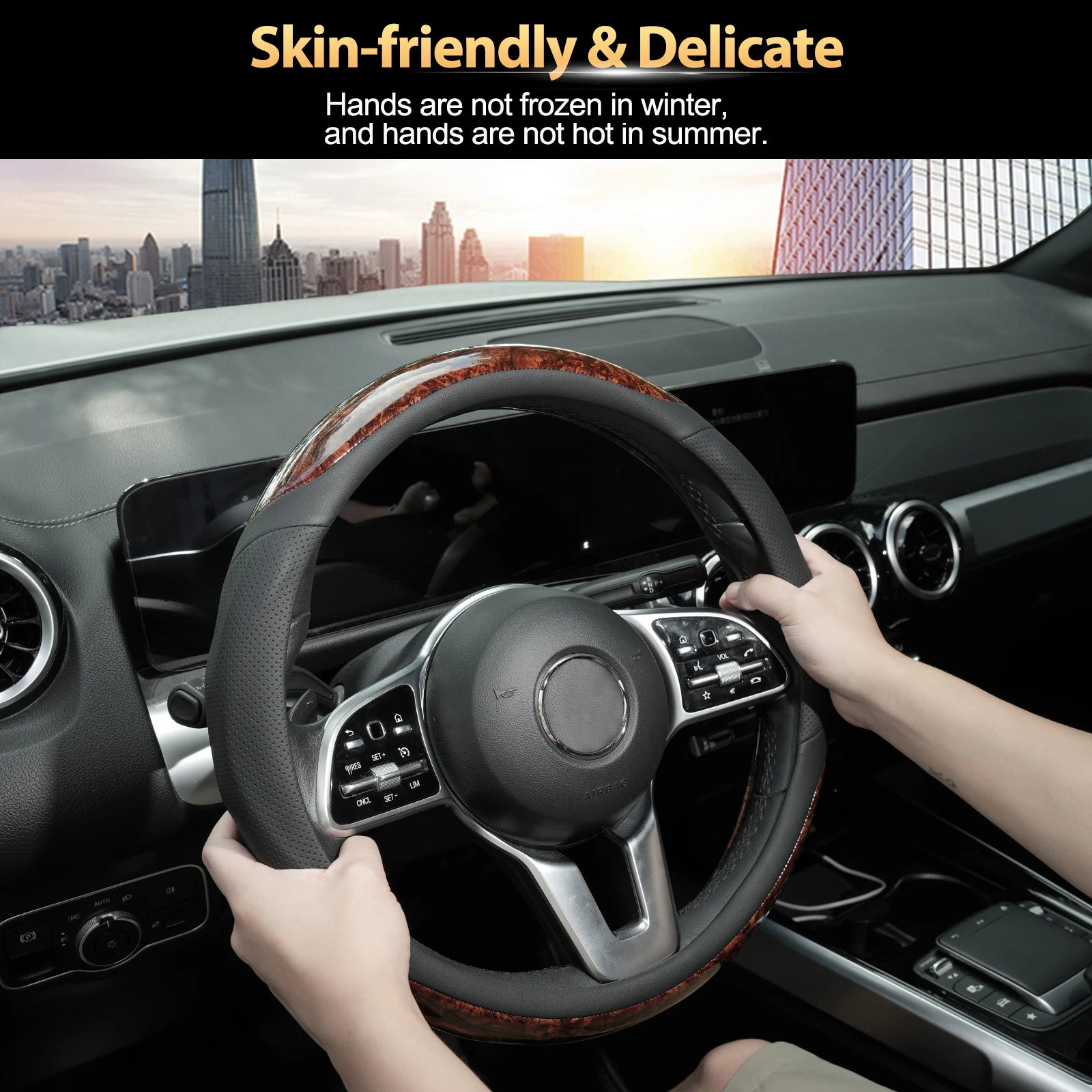 15'' Wood Grain Steering Wheel Cover Leather Breathable Non-slip Car Accessories