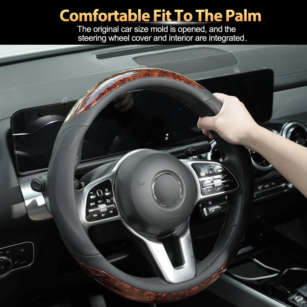 15'' Wood Grain Steering Wheel Cover Leather Breathable Non-slip Car Accessories