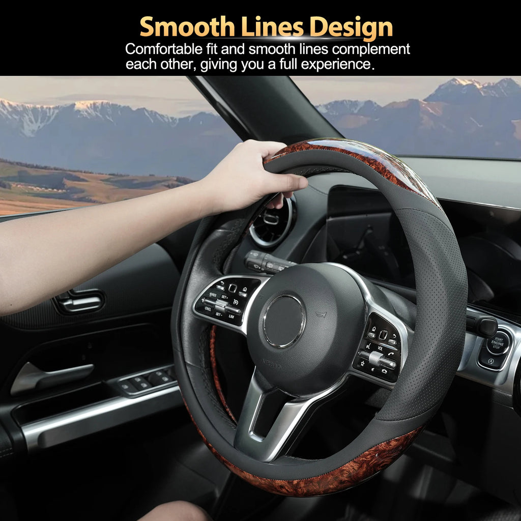 15'' Wood Grain Steering Wheel Cover Leather Breathable Non-slip Car Accessories