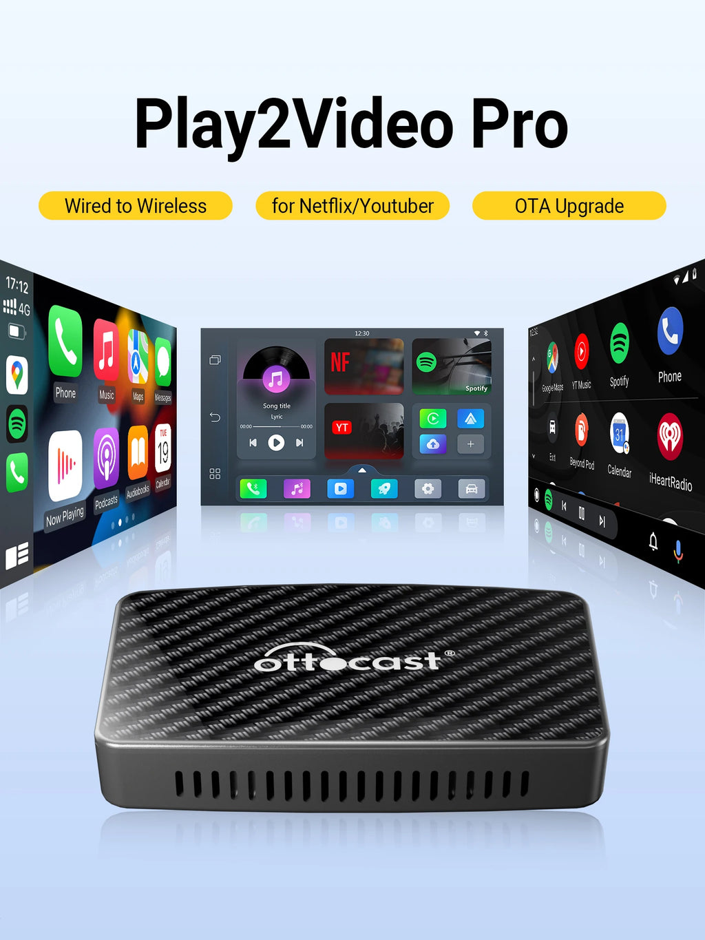 OTTOCAST Play2Video Pro Wireless CarPlay Android Auto Adapter for Youtube for Netflix for IP TV Car Accessories for Kia Toyota