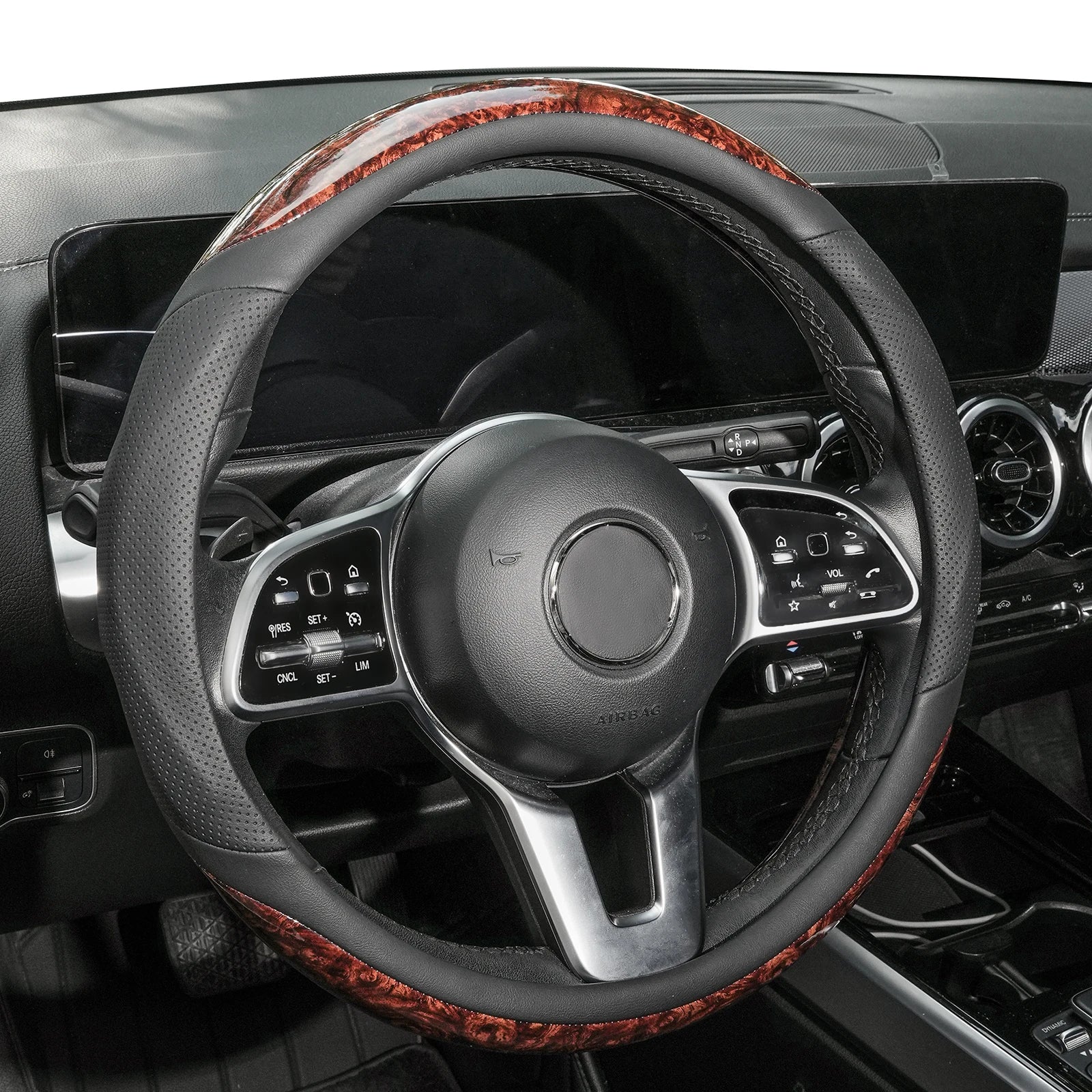 15'' Wood Grain Steering Wheel Cover Leather Breathable Non-slip Car Accessories