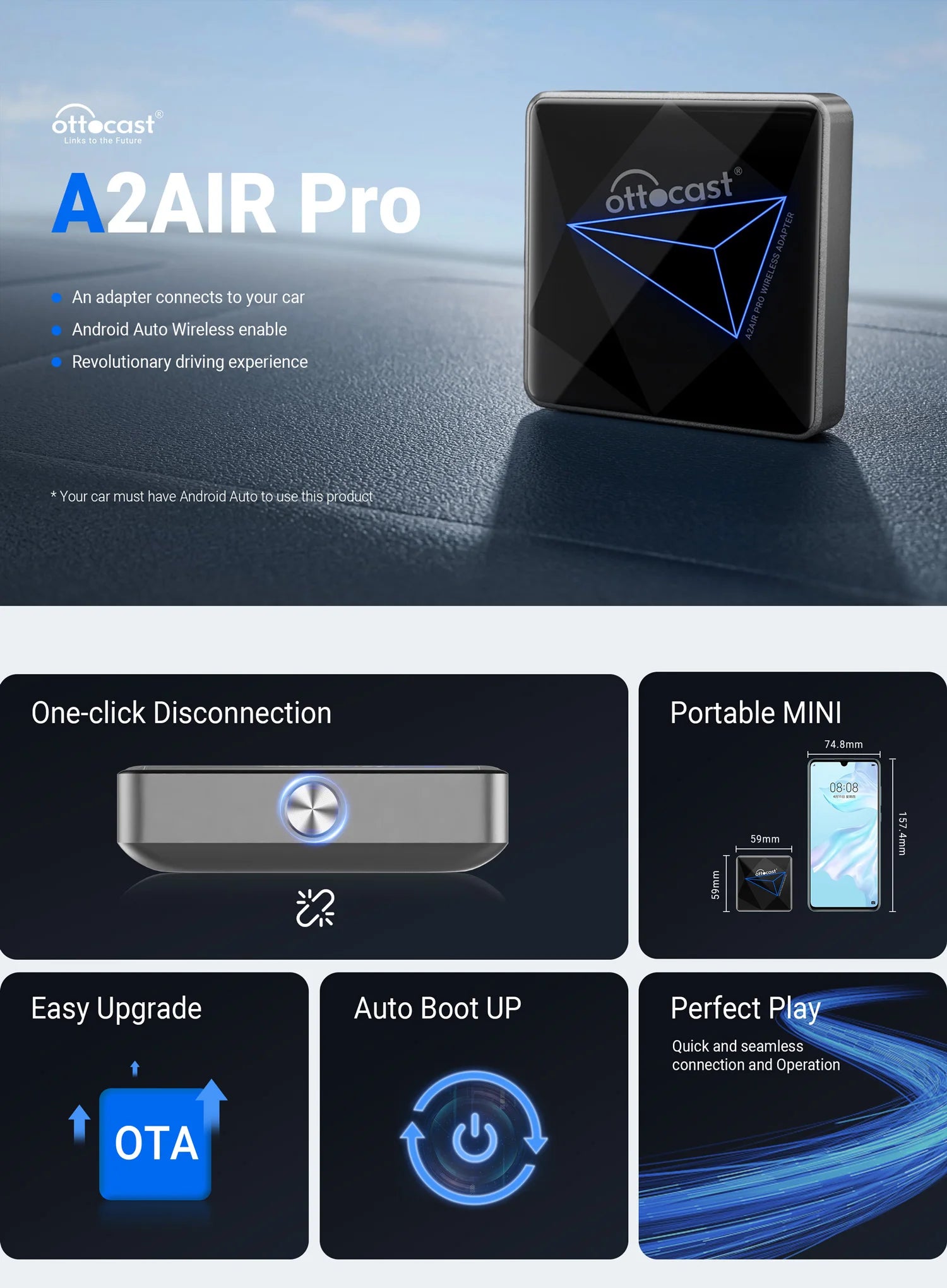 OTTOCAST A2Air Pro Wireless Android Auto Adapter for Android 14 Phone Car Accessories for Kia VW Audi Ford Benz  Chery Chevrolet