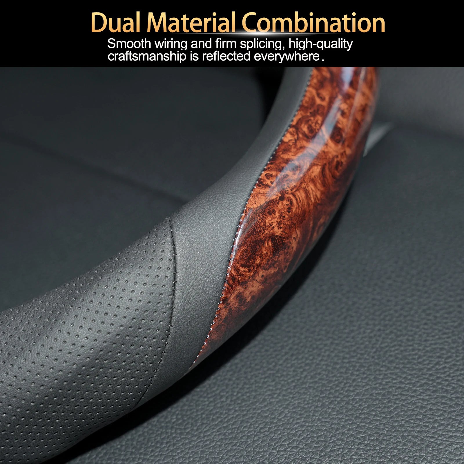 15'' Wood Grain Steering Wheel Cover Leather Breathable Non-slip Car Accessories