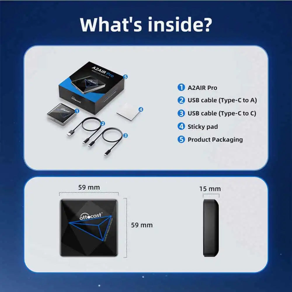 OTTOCAST A2Air Pro Wireless Android Auto Adapter for Android 14 Phone Car Accessories for Kia VW Audi Ford Benz  Chery Chevrolet
