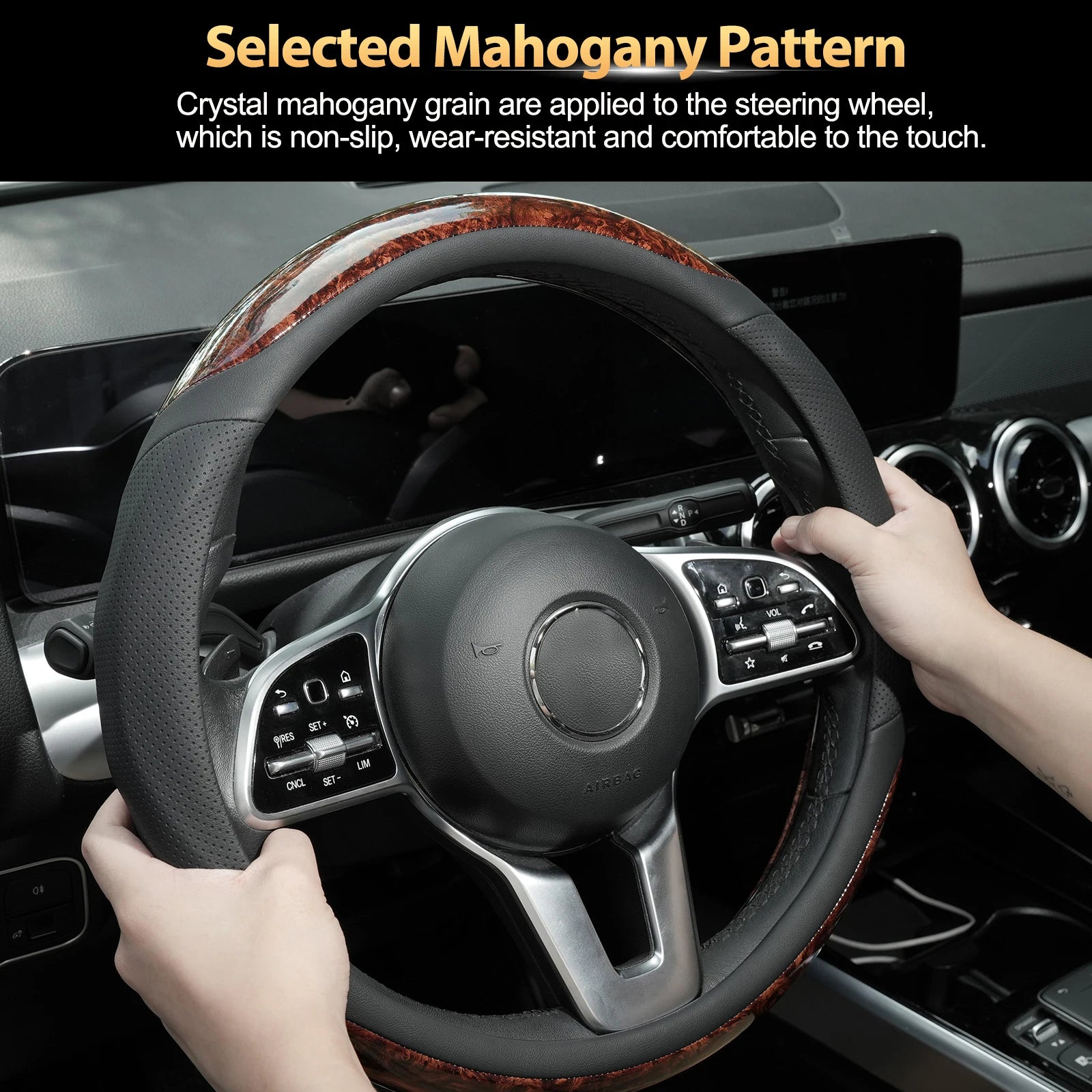 15'' Wood Grain Steering Wheel Cover Leather Breathable Non-slip Car Accessories